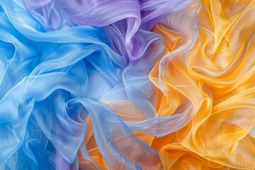 Obraz premium A background of crumpled delicate transparent fabric in warm pastel-colored blue, orange, and violet shades, gathered in waves. A sense of calm and elegance. elegant design.Ultra-wide panoramic banner