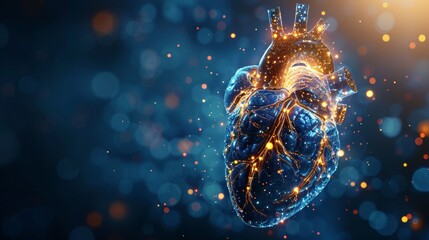 Modern isolated heart on dark background with a pain center. Low poly wireframe. Polygonal 3D human body and organs on dark background. Medicine concept. - obrazy, fototapety, plakaty