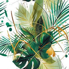 Watercolor botanical seamless pattern with tropical plants, palm leaves, gold lines. Vector leafy painted beautiful background. Floral pattern. Trendy abstract ornate arrangements with tropical plant