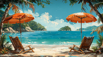 Coastal Impressions In Paint, Umbrellas, Loungers, And Lapping Waters - obrazy, fototapety, plakaty