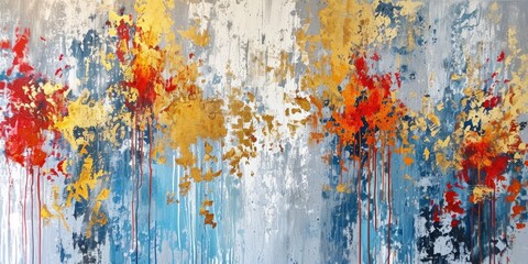 The abstract picture of the gold, blue and red colours that has been painted or splashed on the white blank background wallpaper to form the random shape that cannot be describe yet beautiful. AIGX01.