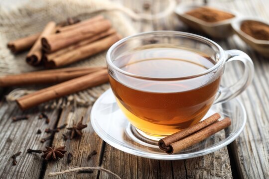Cinnamon Tea in a Cup on a Wooden Table - Hot and Soothing Drink with Ground Cinnamon and Dry Tea Leaves