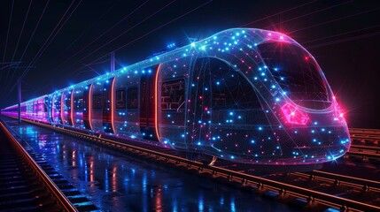 The abstract polygonal 3D wireframe is an abstract representation of a modern train at a railway station or metro station. The digital modern mesh is reminiscent of a starry sky. Rapid transit