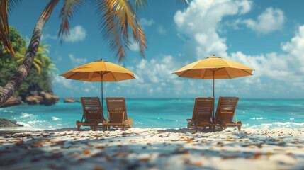Secluded Tropical Getaway With Sandy Loungers Under Sunshades - obrazy, fototapety, plakaty