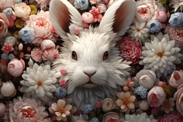 Cute bunny with flowers as background, top view. Easter decoration
