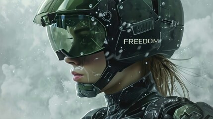 woman army with glasses looks up in cyberspace - obrazy, fototapety, plakaty