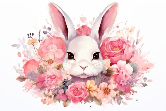 Adorable easter bunny with colorful flowers on white background. Watercolor illustration