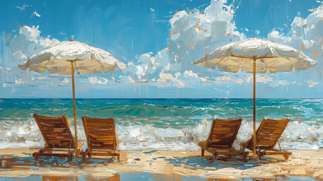 Seascape Masterpiece Depicting Umbrella And Chairs On Sandy Beach