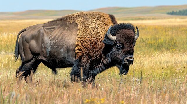 Majestic Bison in Saskatchewan Grasslands. Explore the Wilderness of Canada's National Parks with this Nature Outdoors Stock Image
