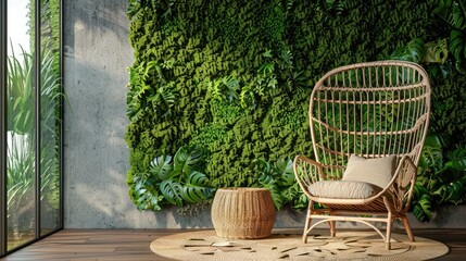 Scandinavian Moss Wall Interior with Rattan Chair. 3D Render of Green House Home Decor with Wicker and Wood Accents - obrazy, fototapety, plakaty