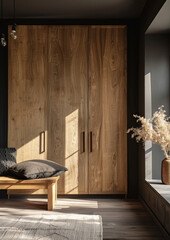 Wooden wardrobe against black wall in minimalist bedroom. Scandinavian style. Modern contemporary interior design.	