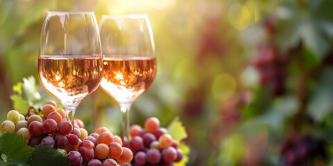 Two wineglasses with white wine, bunches of grapes