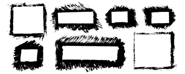 Set collection of square frames. Black frames with brush strokes isolated on white background. Hand drawn vector set with grunge square frames and borders for graphic design
