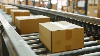 paper box packages seamlessly moving along a conveyor belt - obrazy, fototapety, plakaty