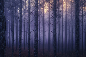 A forest with trees that are mostly bare and have a foggy atmosphere