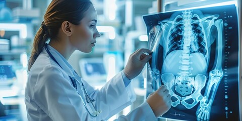Woman doctor examining a skeletal x-ray in the hospital - healthcare and medical treatment