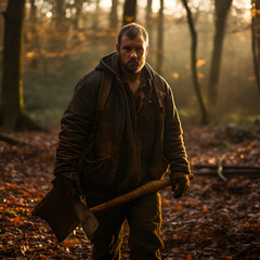 Rustic Axeman in Sunset Woodland Scene: Portrait of Everyday Rural Life and Labor
