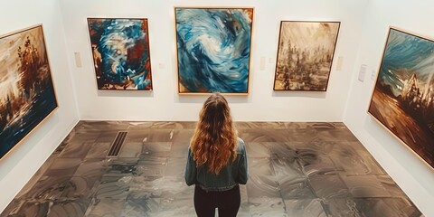 Young generation Z woman standing in an art gallery staring at hanging paintings on the wall - obrazy, fototapety, plakaty