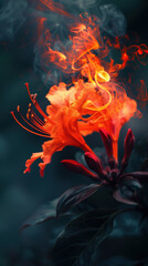 Fototapeta premium Beautiful fiery flower on a dark background. Digital art. The image is impressive in its unexpectedness and can be used in design in a wide variety of areas.