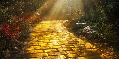 Yellow brick roadway in the forest 