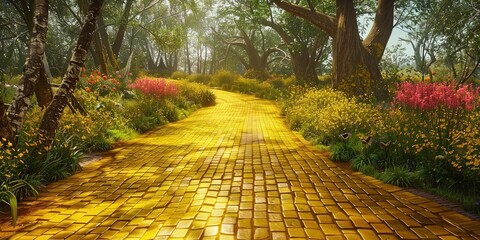 Yellow brick roadway in the forest 