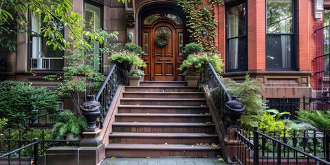 Fototapeta premium Suburban Home Entrance with a contemporary architectural style - front porch and walkway from the street to the front door in the afternoon