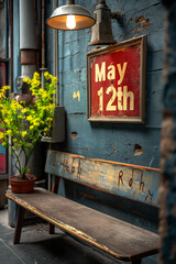 Fototapeta premium Vintage grunge background with a retro bench a flower pot and a sign with the date May 12th