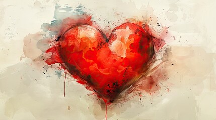 Painted illustration of a red heart painted on canvas, cardiovascular health concept.