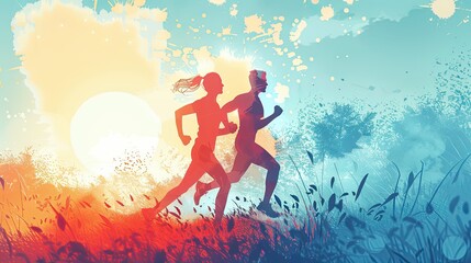 Illustration, watercolor painting representing people running outdoors, health and sport concept.