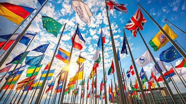 European flags waving against blue sky in the morning.