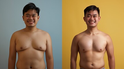 Fototapeta na wymiar Comparative before and after, diet and exercise of an adult asian man, on a split screen.