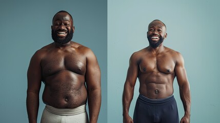 Comparative before and after, diet and exercise of an adult black man, on a split screen. - obrazy, fototapety, plakaty