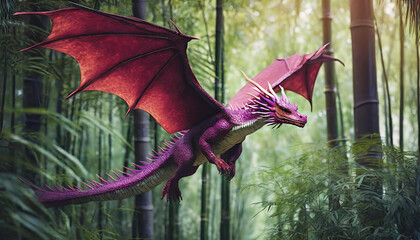 A realistic majestical little purple and pink dragon is flying through a bamboo forest