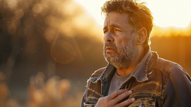 Portrait of an adult man having a heart attack.