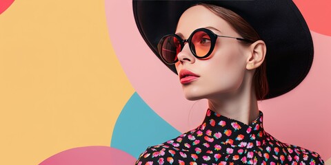 Woman wearing discrete chic - fashionable hat and sunglasses with contemporary sense of trends - young Gen Z woman  - obrazy, fototapety, plakaty