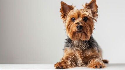 Yorkshire sitting on a white background, looking to camera, studio shot.