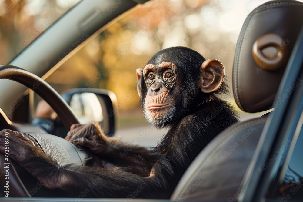 Wall mural A monkey is sitting in the driver's seat of a car