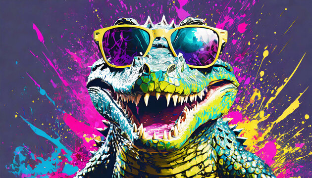 Vibrant pop art style portrait of a crocodile wearing sunglasses with mouth open and paint splattering effect. AI generated.