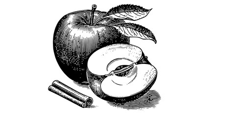 Vintage vector illustration of apple fruit with  cinnamon stick. Hand drawn ink old graphic on white background