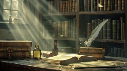 an old office, with an antique feather pen, vintage ink, and weathered books resting on a wooden table, bathed in sunlight streaming through a bookcase.