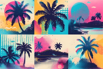Detailed palm tree silhouettes and colorful geometric shapes. Summer background divided into 6 parts. Travel, vacation, tourism, holiday, special offer banner.  - obrazy, fototapety, plakaty