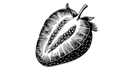 Vector vintage illustration of Half of strawberry. Fruit logo hand drawn sketch. Black line art on white background. - obrazy, fototapety, plakaty
