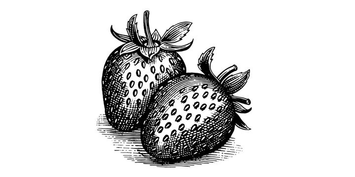 Vintage illustration of two strawberry on the table. Vector handdrawn sketch in woodcut style on white background