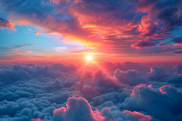 Beautiful sunset sky above clouds with dramatic light, representing the international day for the preservation of the ozone layer - obrazy, fototapety, plakaty