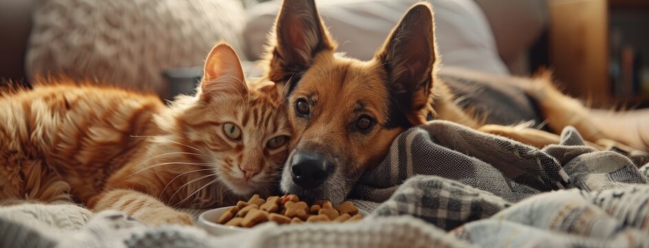a dog and cat peacefully enjoying their meal together in a cozy home environment.