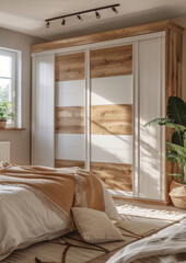 White wooden wardrobe with sliding doors Scandinavian style. Modern contemporary interior design.	