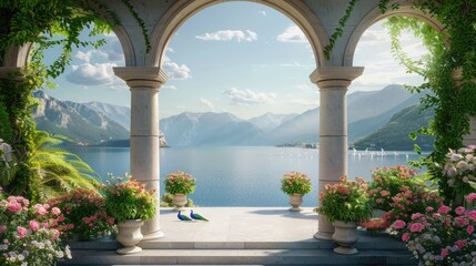 graceful arches, ornate columns, and blooming flowers adorning the stairs, leading to a garden where majestic peacocks roam freely against the backdrop of a tranquil lake view.