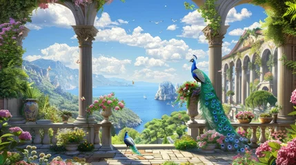  graceful arches, ornate columns, and blooming flowers adorning the stairs, leading to a garden where majestic peacocks roam freely against the backdrop of a tranquil lake view. © lililia