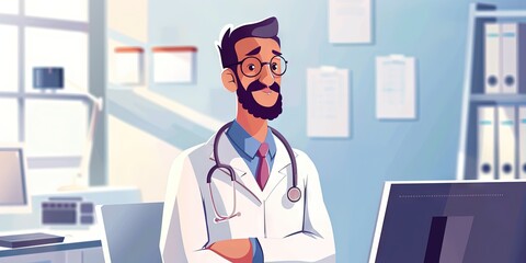 2D flat illustration of a doctor in hospital on white background - obrazy, fototapety, plakaty