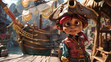 Pirate with a pirate ship background in modern animation style